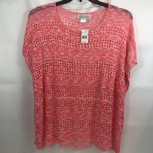Fashion Avenue Open Knit Sweater Top Pullover Short Sleeve Coral Pink Loose Sz L
